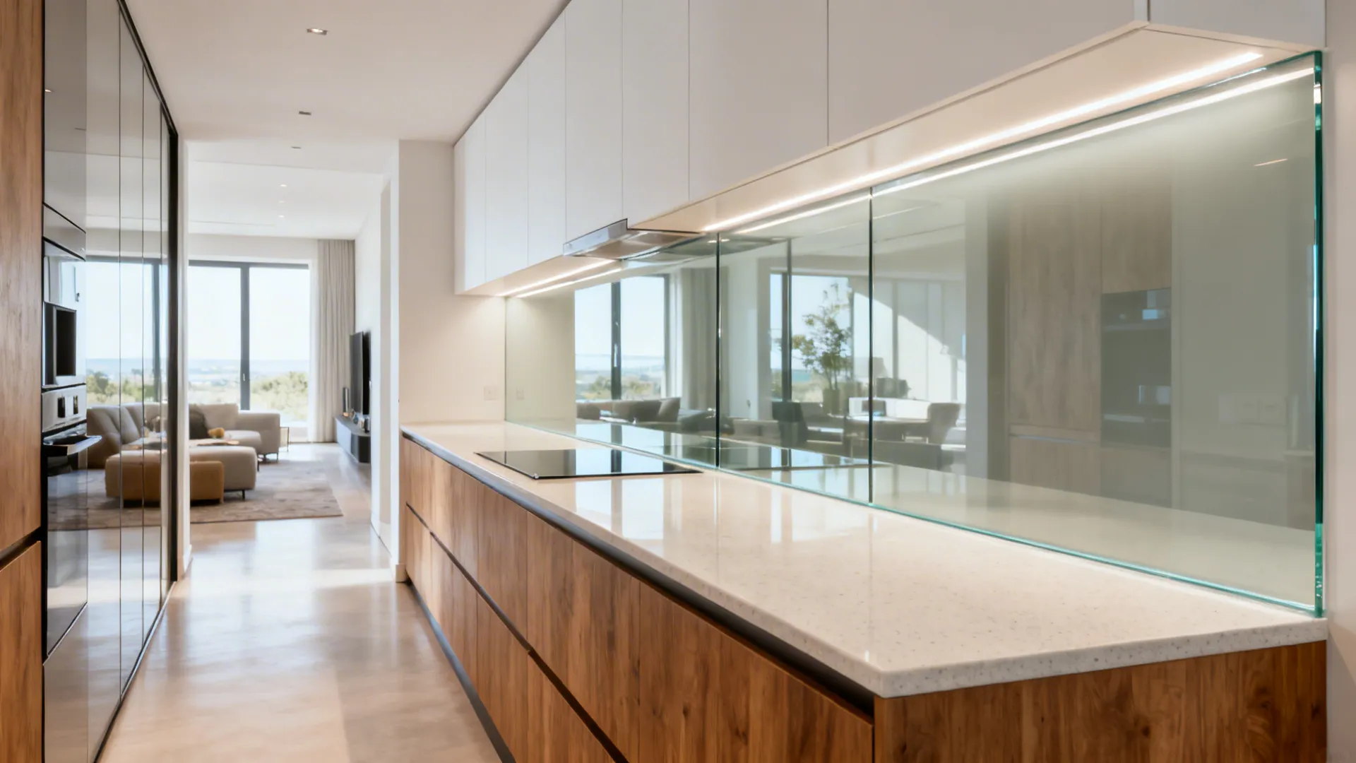 Open hall kitchen with low-iron glass backsplash reflecting light into the living area.
