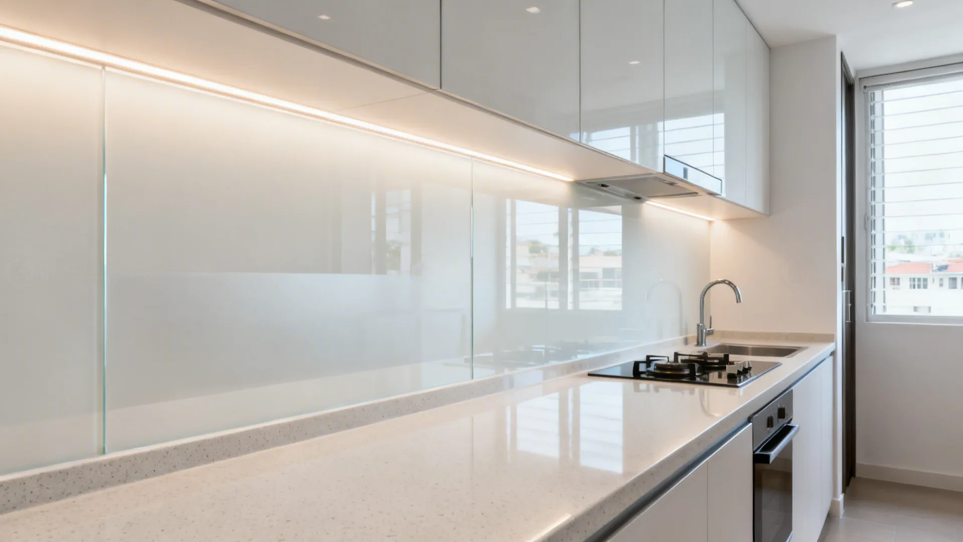 Low-iron glass backsplash reflecting daylight in a compact HDB kitchen.