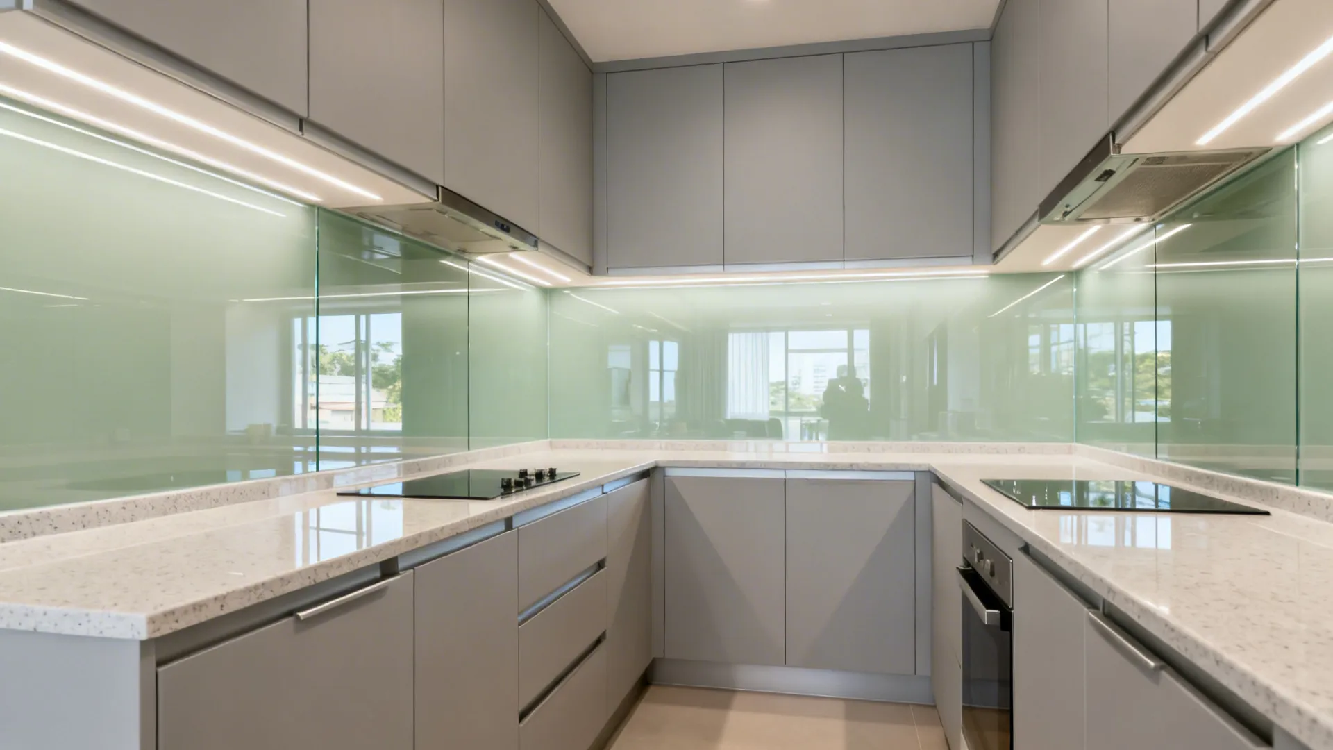 Compact galley kitchen with pale sage tempered glass backsplash reflecting daylight for added depth.