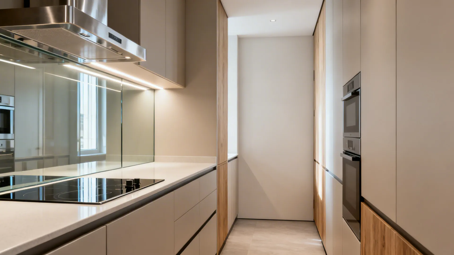 Galley kitchen with tempered glass backsplash and stainless electric chimney hood.
