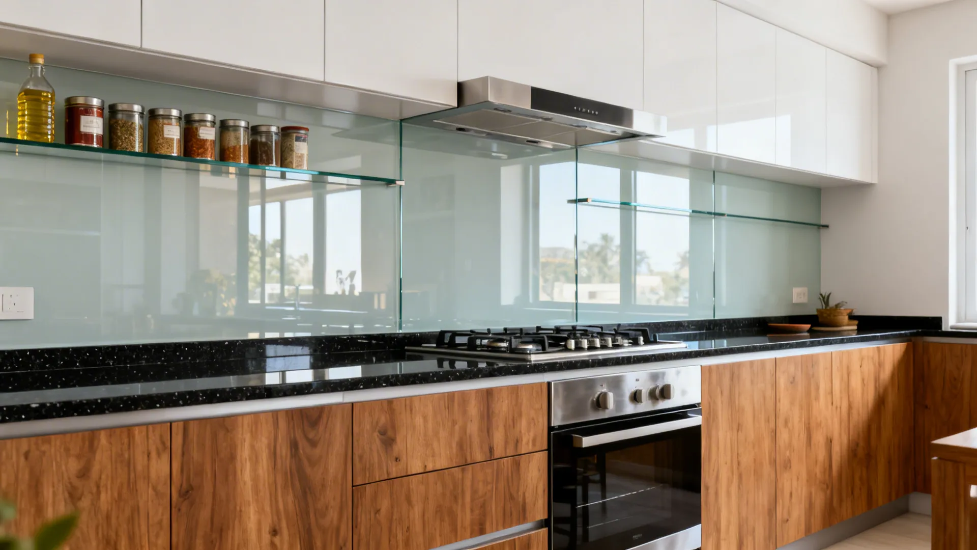 Low-iron tempered glass backsplash in a compact Indian galley kitchen reflecting daylight.