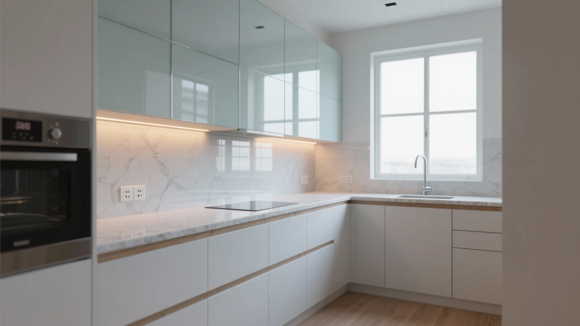 Glass backsplash for light and depth