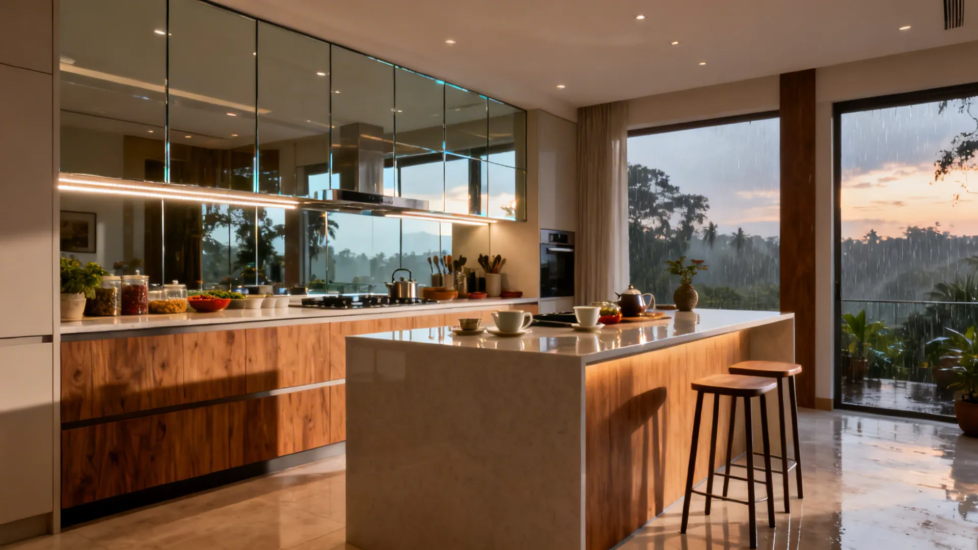 Luxury kitchen with mirrored cabinets wood island stools and window showing rainy sunset view outside