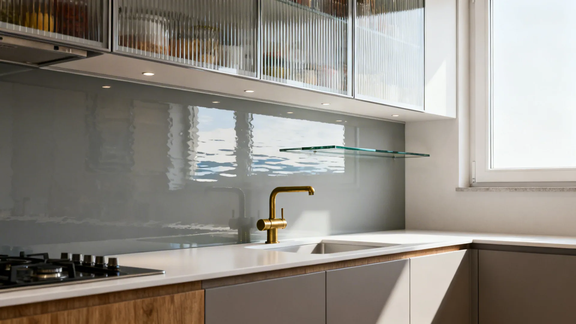 4) Glass for Brightness: Doors, Backsplashes, or Shelves