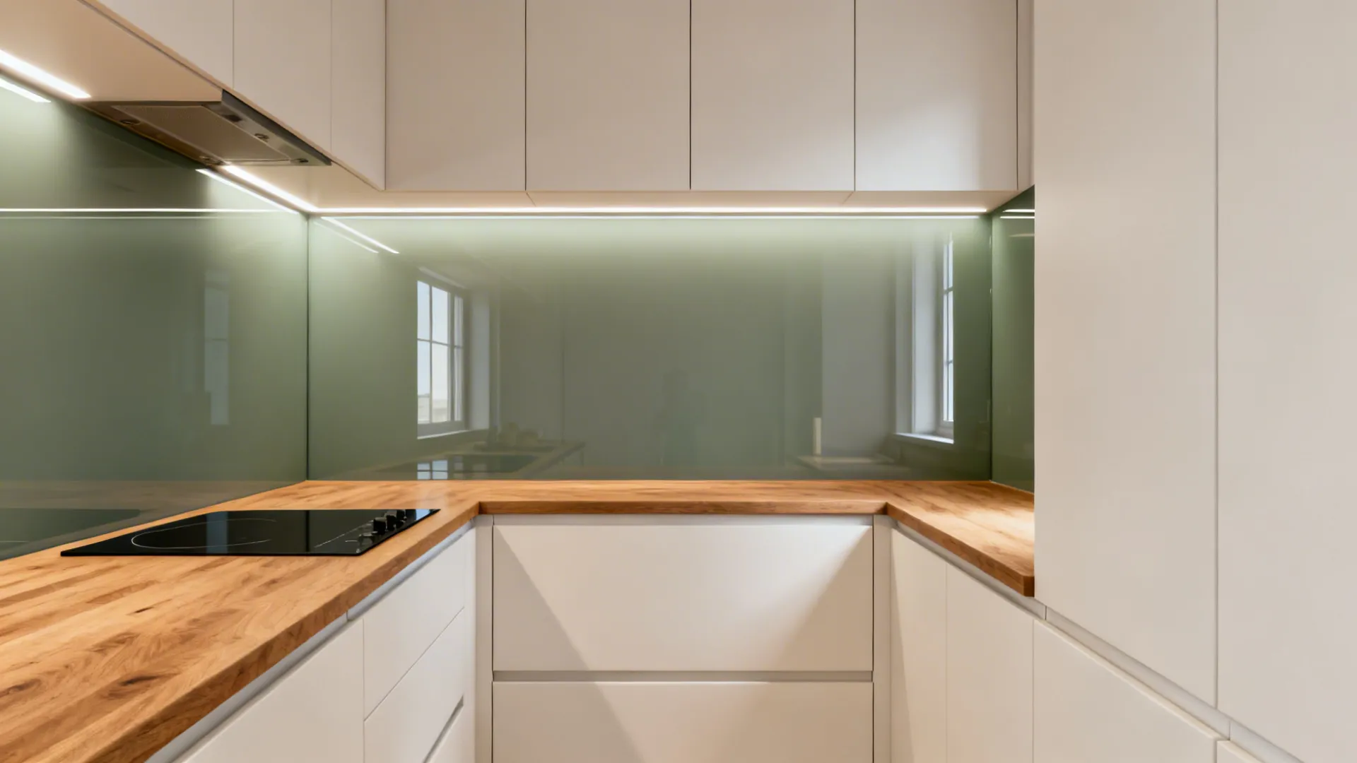 Small galley kitchen with soft green-gray glass backsplash and warm white cabinets.