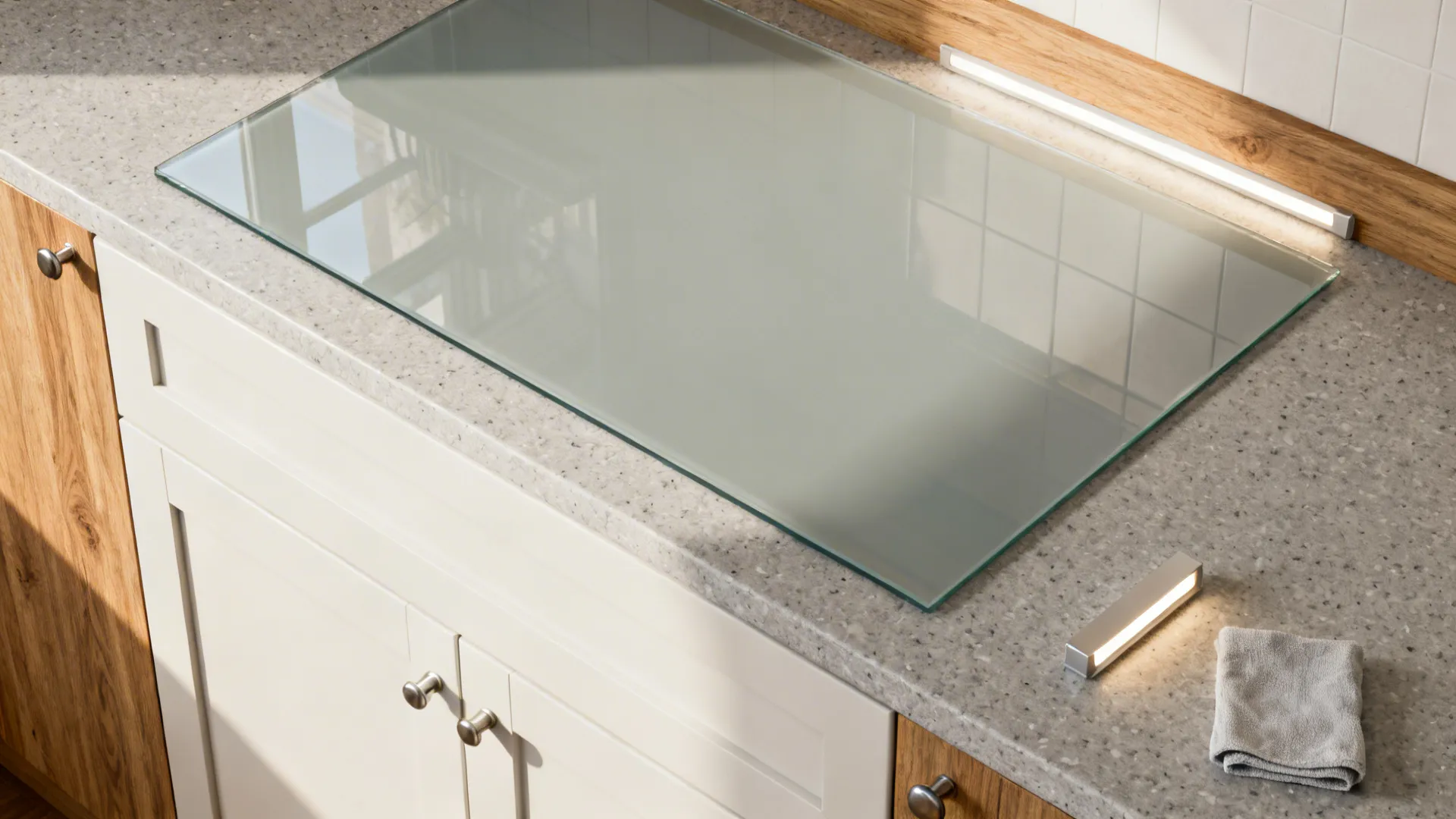 Material flat lay with low-iron glass panel, oak veneer, slim shaker front, quartz, and brushed nickel hardware.
