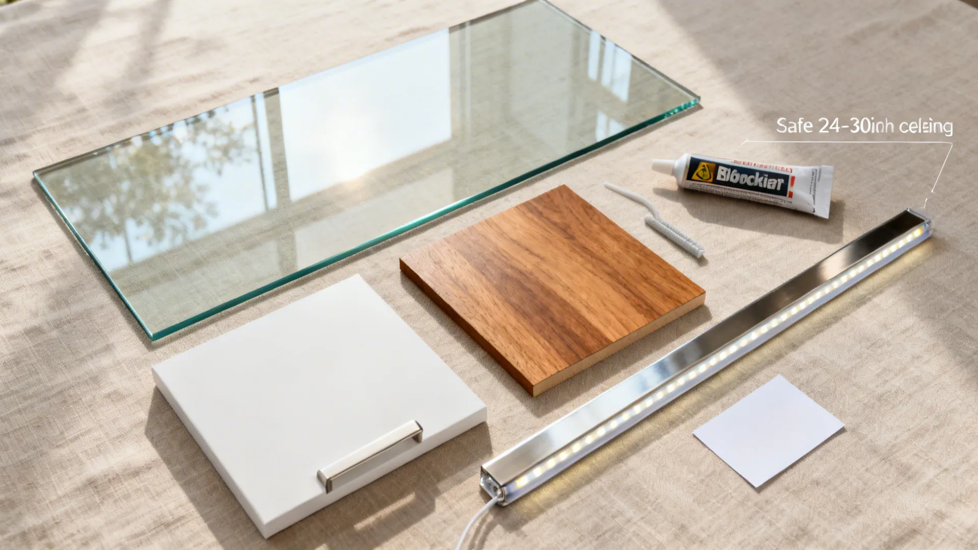 Flat lay of low-iron tempered glass backsplash with oak, stainless, and sealant.