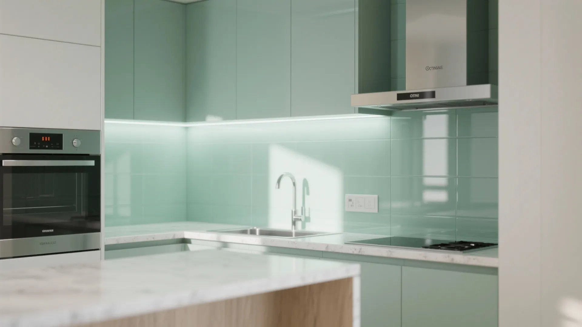 Modern kitchen with mint green wall tiles white marble countertop silver sink oven and stove top