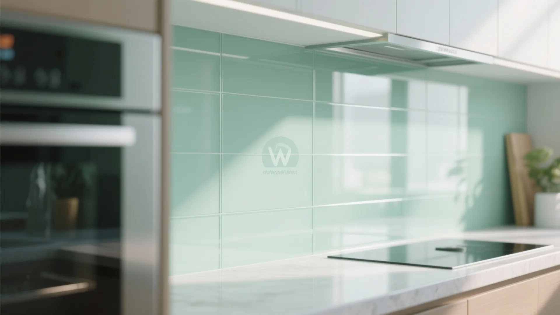 Modern kitchen with light green glass wall tiles white cabinets and a clean marble countertop