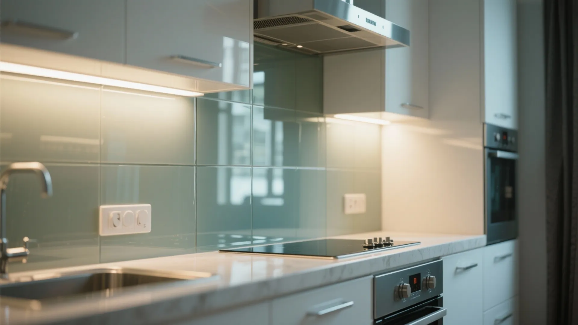 Close up view of white kitchen cabinets with green tile wall stovetop and silver sink
