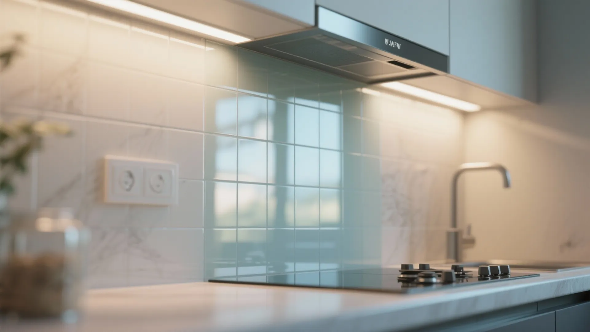 Modern kitchen with glass wall panel behind stove under white cabinets with warm light fixture