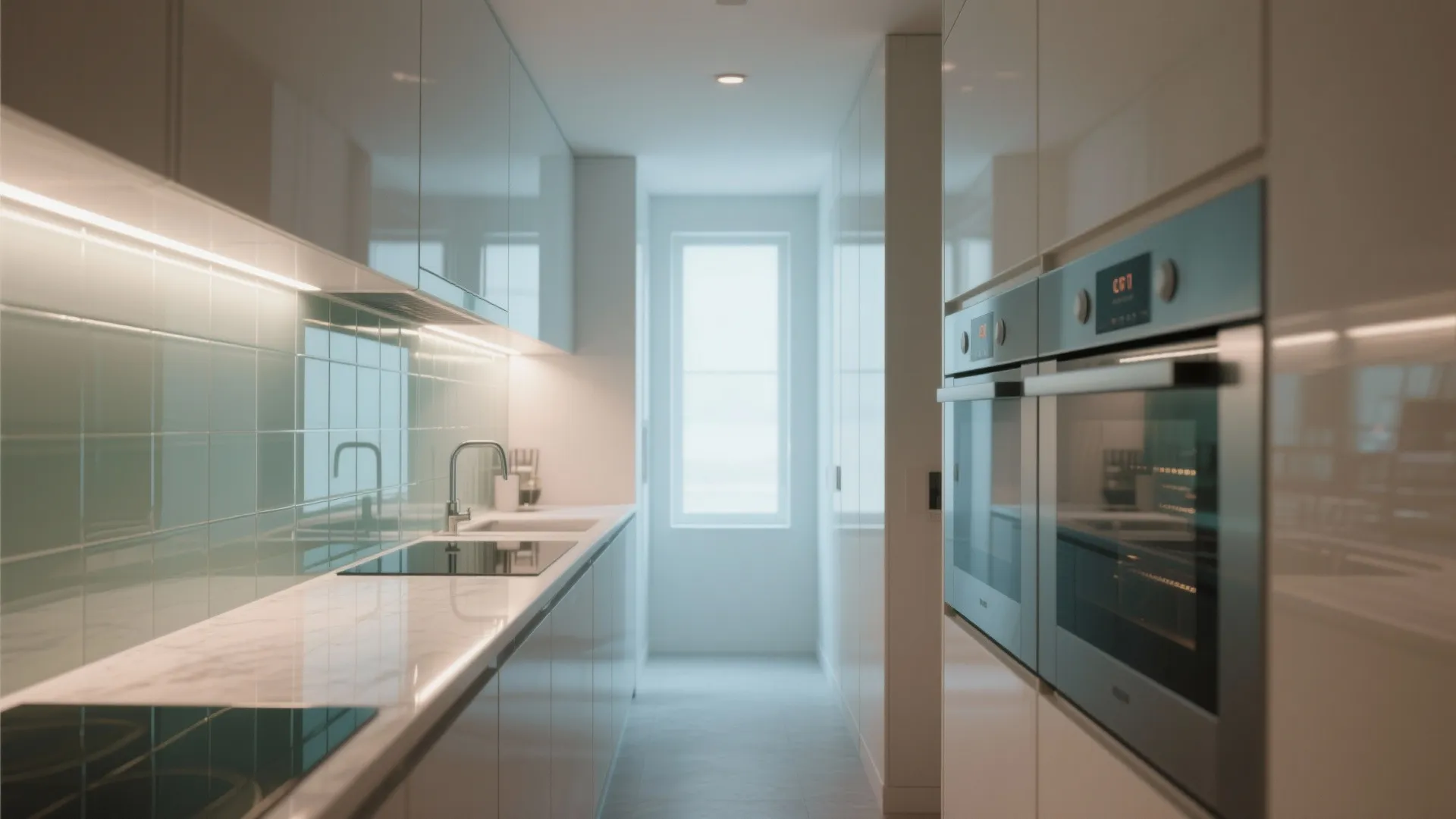 Narrow modern kitchen with green glass wall tiles, white cabinets, marble countertop, and built-in ovens