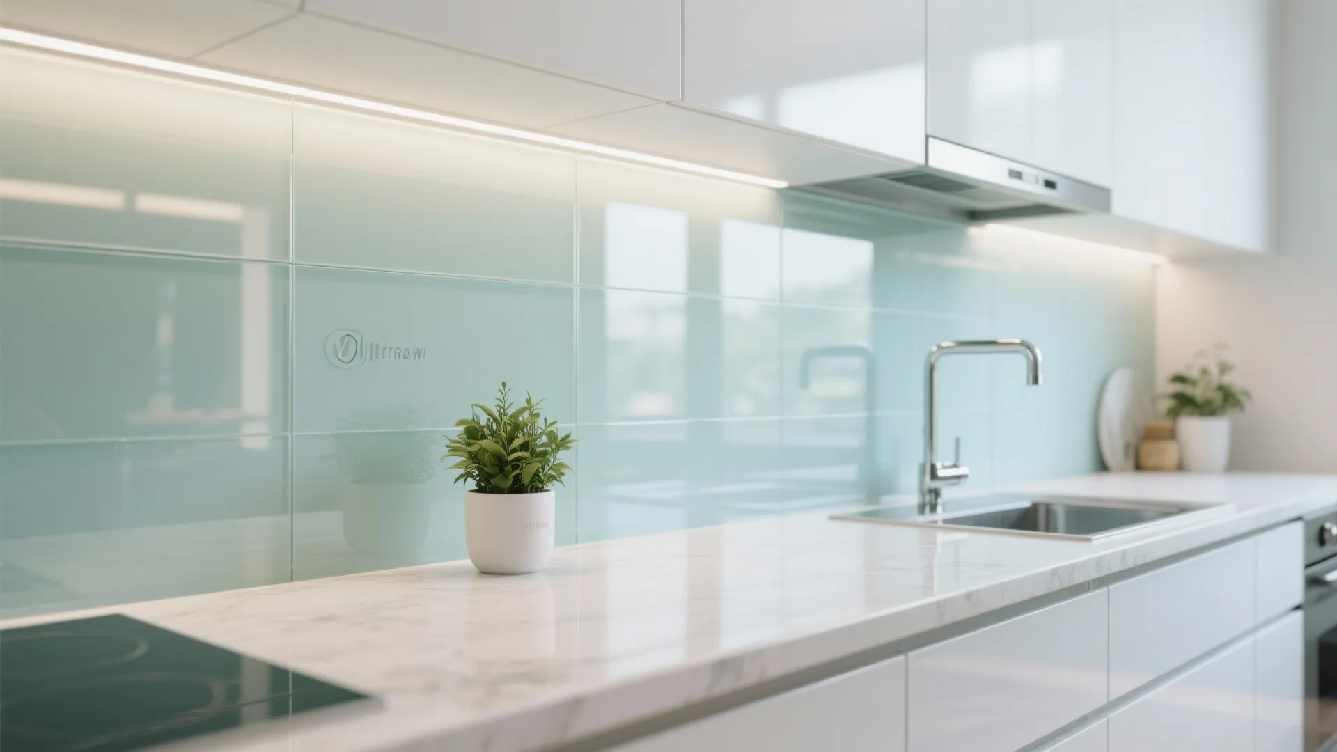 Clean kitchen with light blue wall tiles white cabinets marble countertop and a green plant