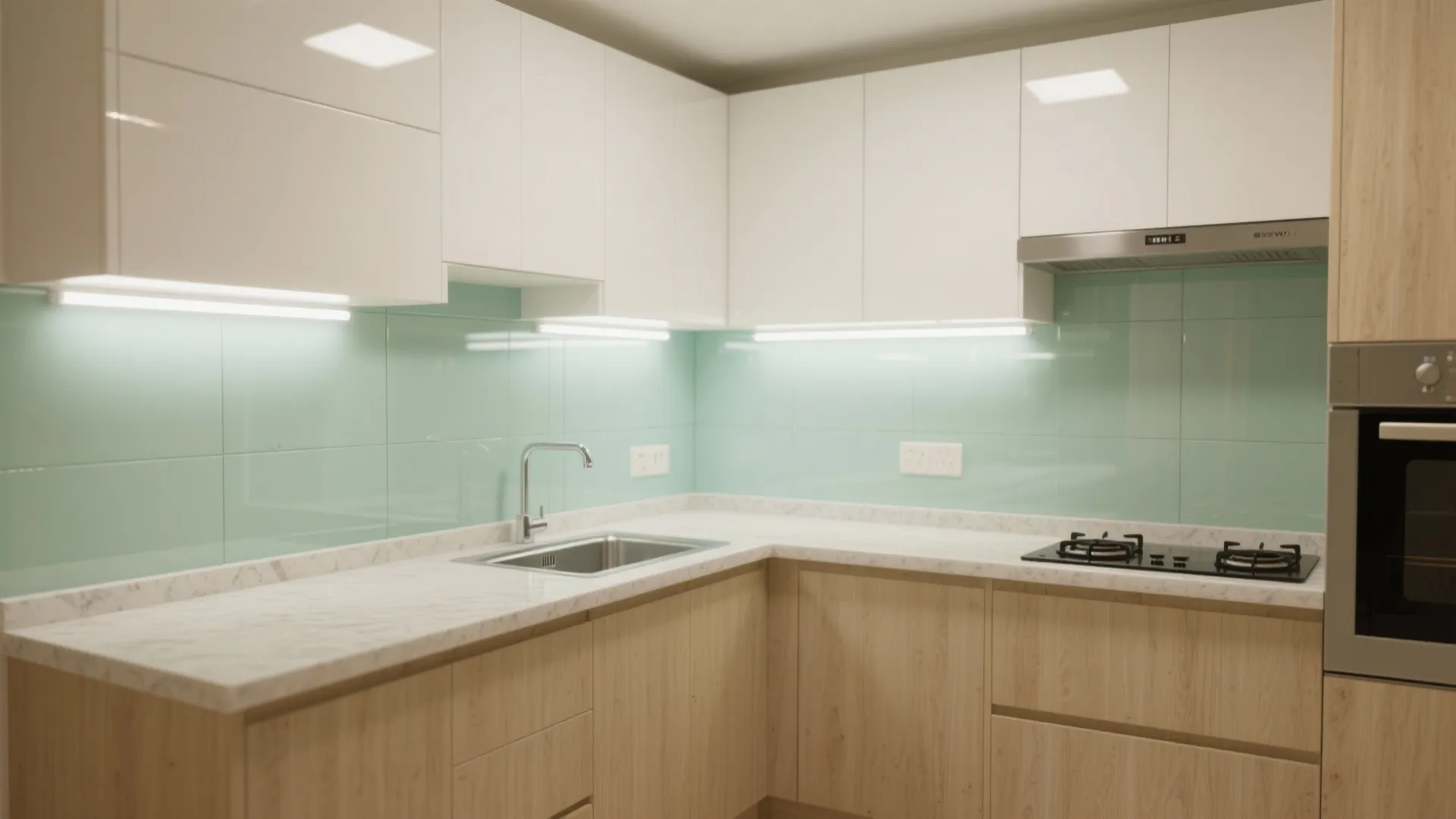 Modern kitchen with white upper cabinets light wood lower cabinets green glass wall and marble countertop