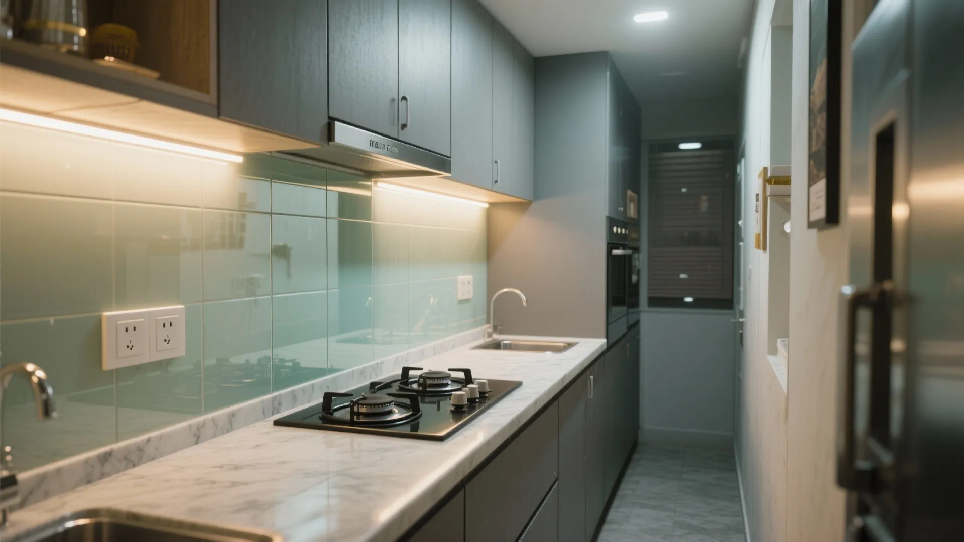 Glass backsplash to bounce light and keep cleaning easy