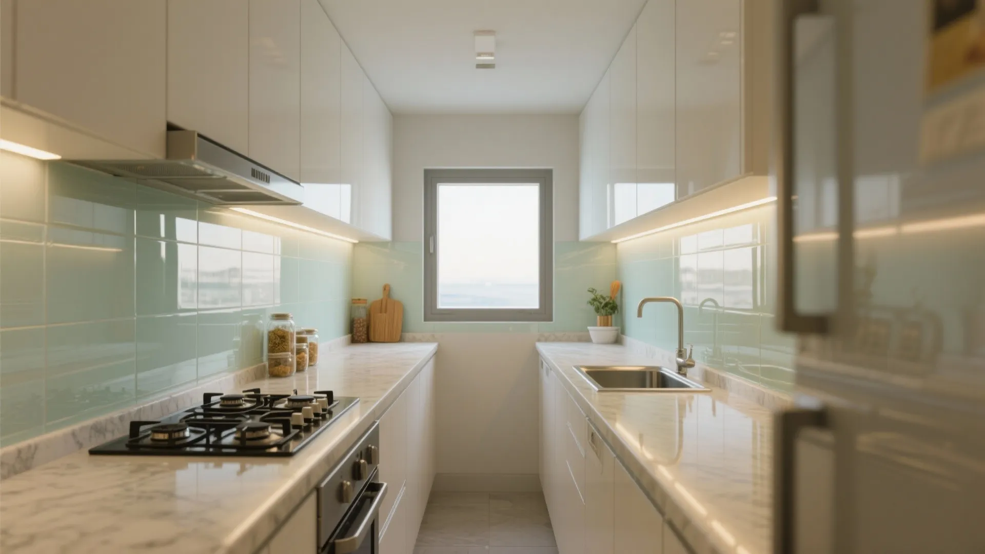 Glass backsplash for a brighter galley kitchen