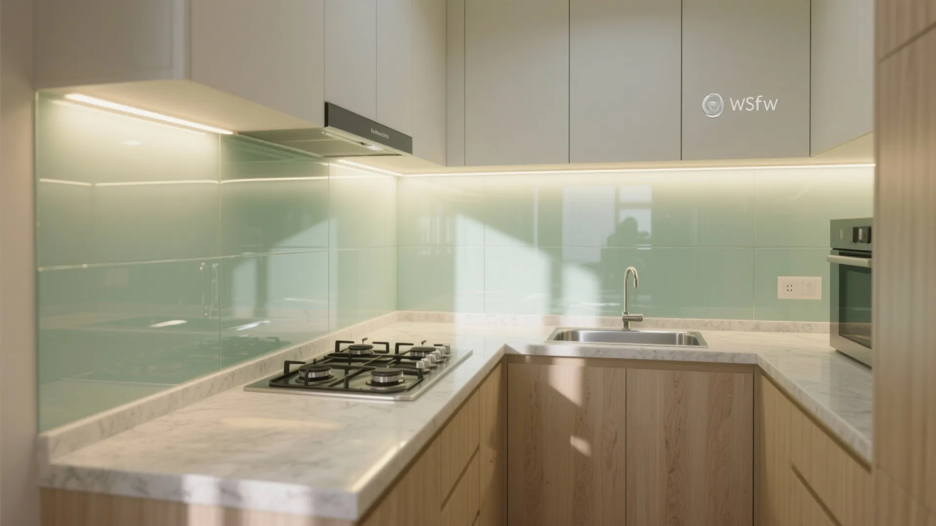 Glass backsplash for brighter, easier-to-clean walls