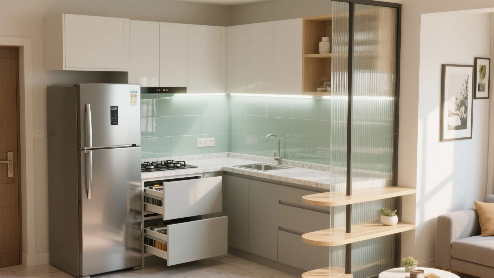 2) Glass-Backed Kitchen with Pull-Out Pantry