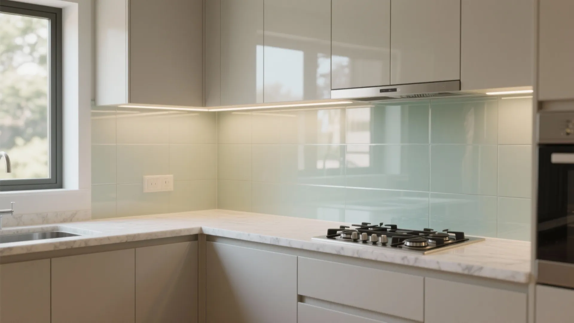 Glass backsplash for a brighter, airier feel