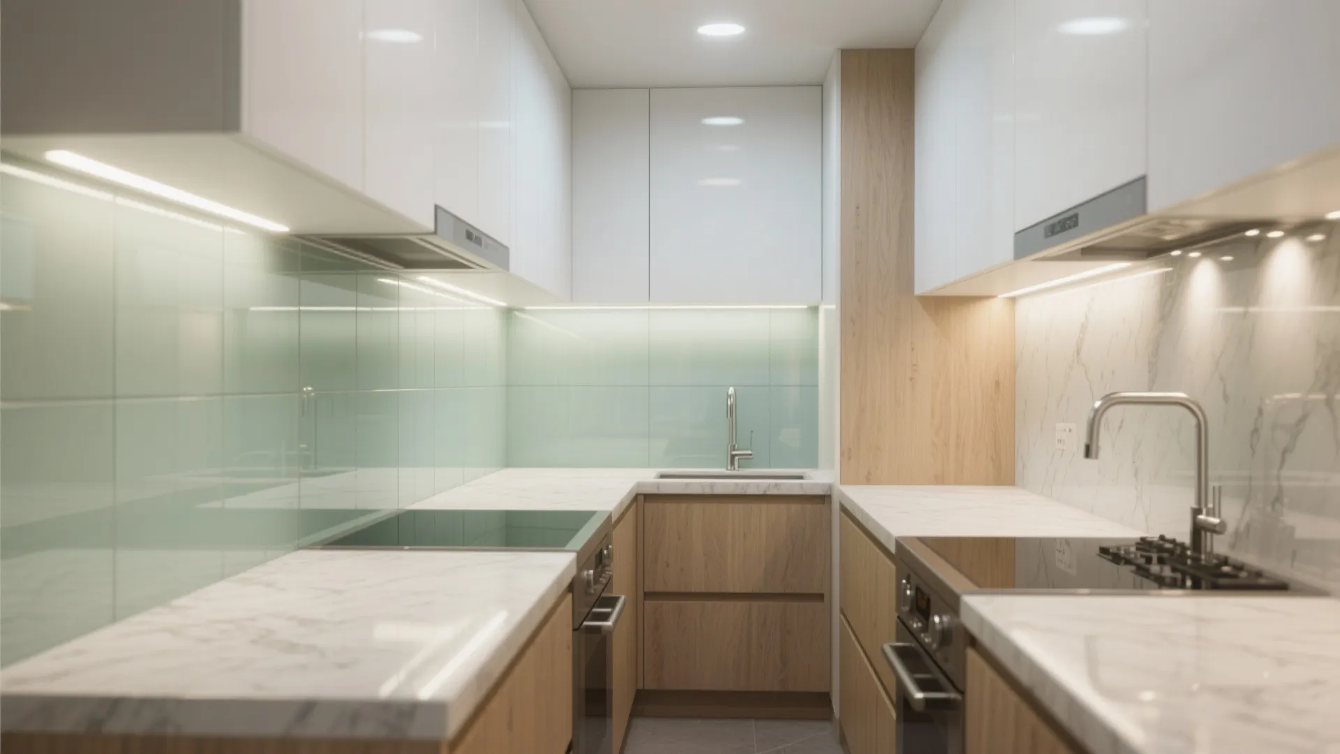 Glass Backsplash and Light Play in a Compact Kitchen