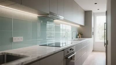 Modern Gray Kitchen with Mint Glass Backsplash & Smart Storage