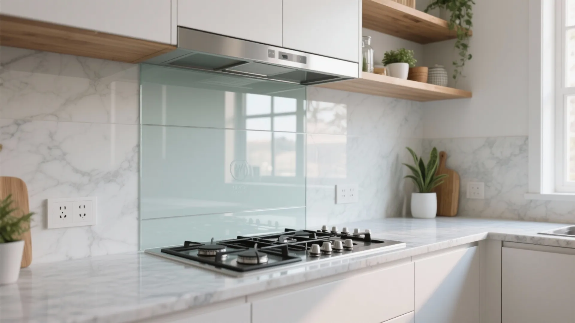 Glass backsplash for openness and easy cleaning