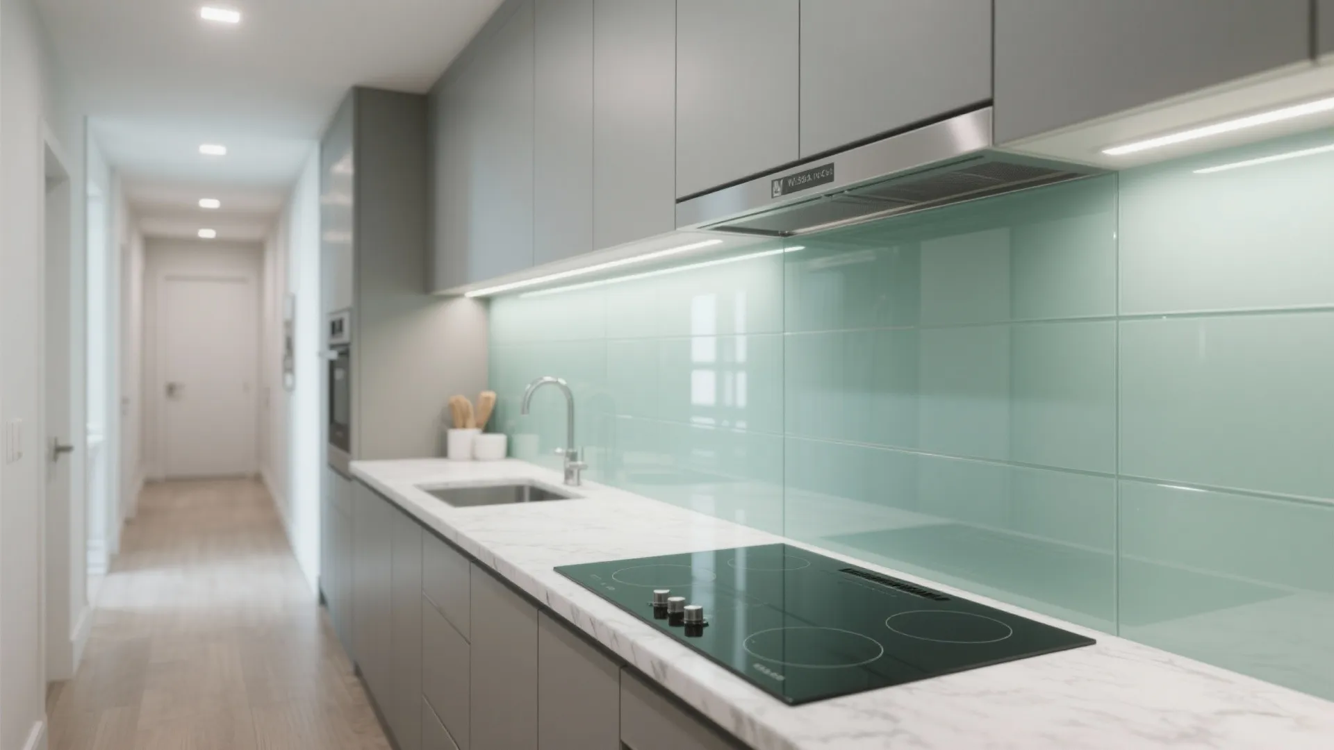 Glass backsplash to brighten corridor kitchens