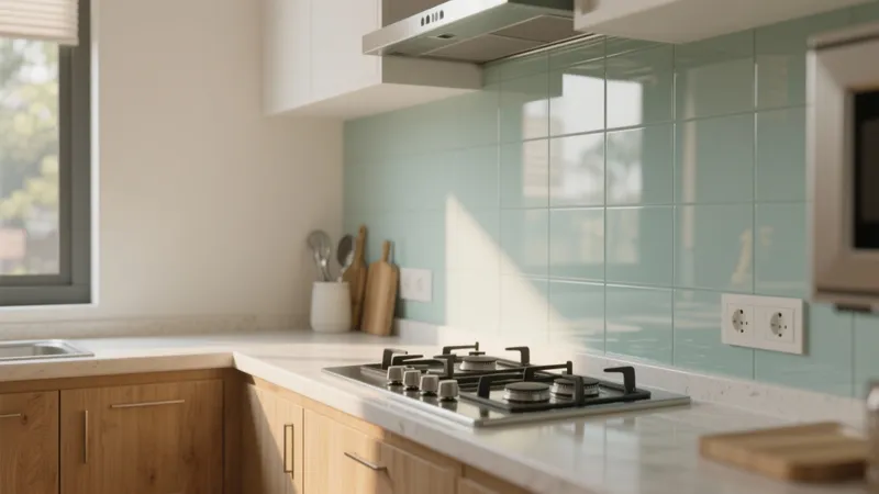 Modern Kitchen with Mint Tile Backsplash & Wood Cabinets