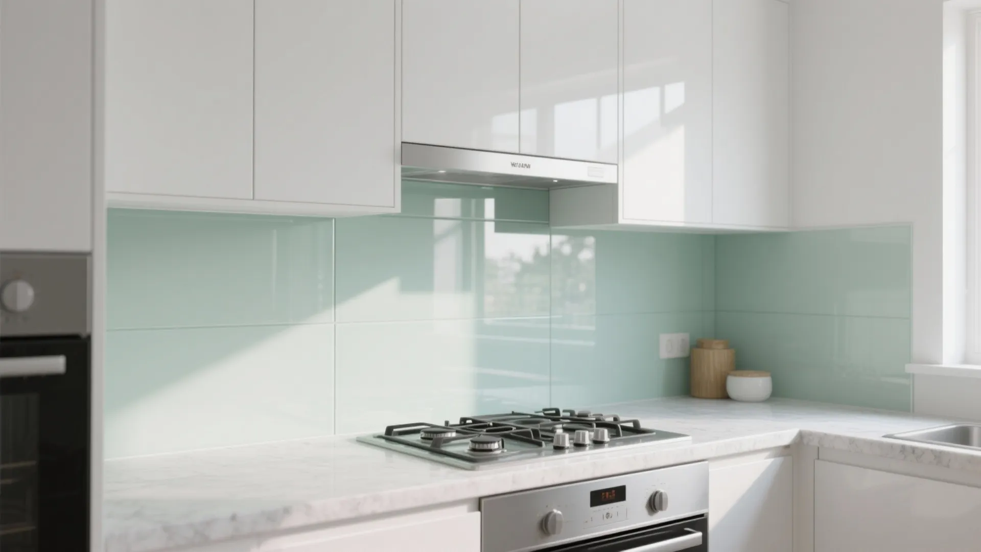 Glass backsplash for brighter, easy-clean kitchens