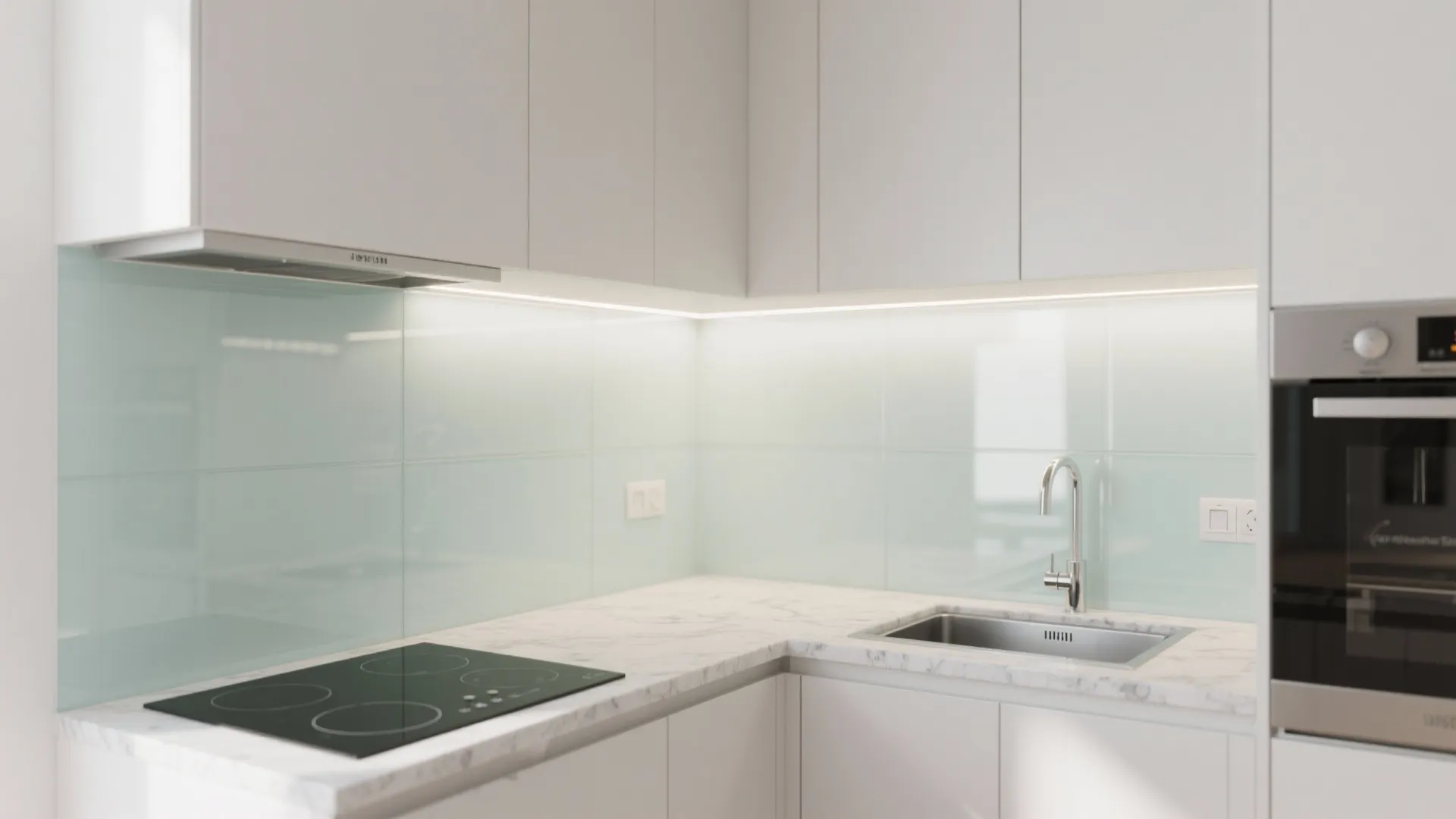 Transparent glass backsplash for depth and easy cleaning
