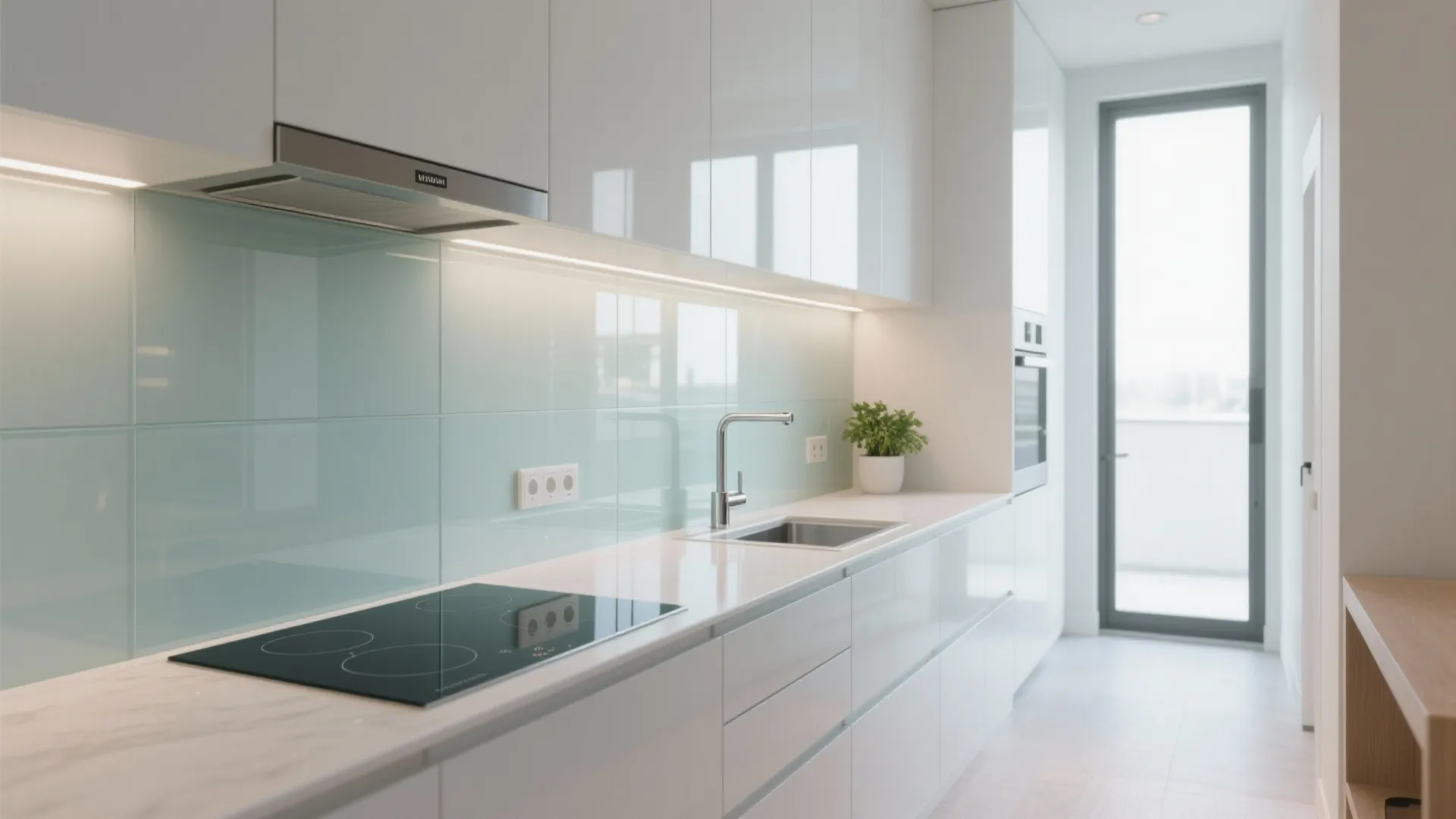Glass backsplash to brighten compact kitchens
