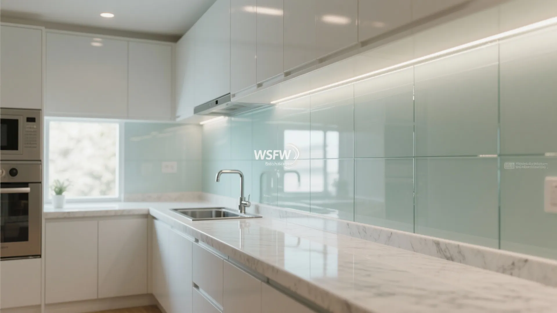 Modern white kitchen with glass wall panels light blue backsplash marble countertop and silver sink faucet