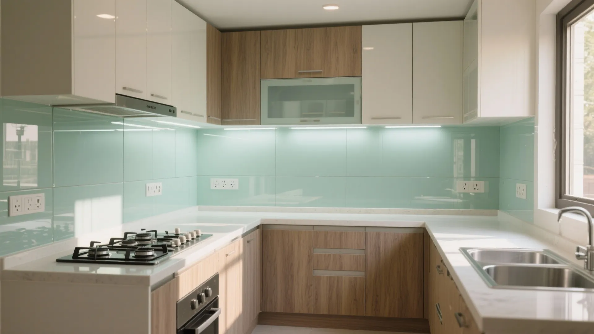 Glass backsplash for a brighter, easy-clean kitchen
