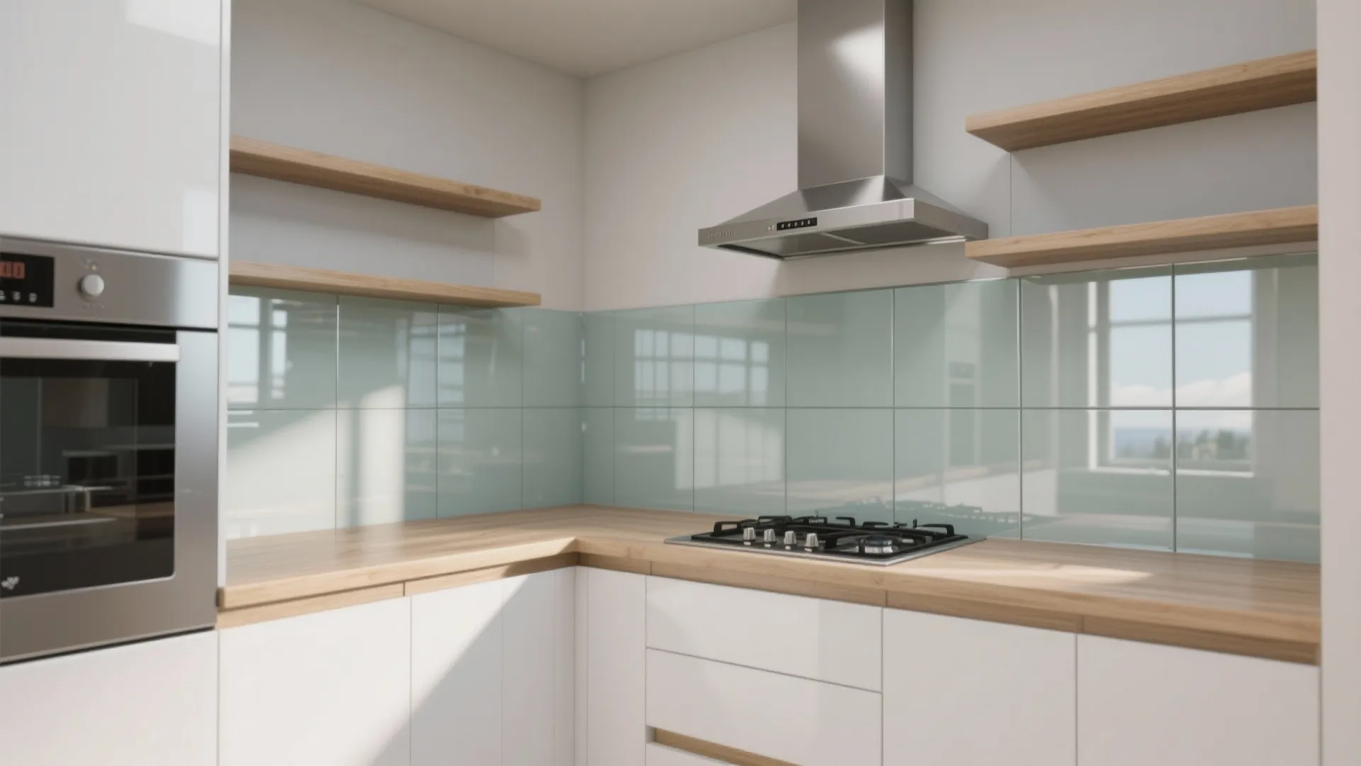Modern kitchen with white cabinets wood countertops light blue glass backsplash and a silver oven