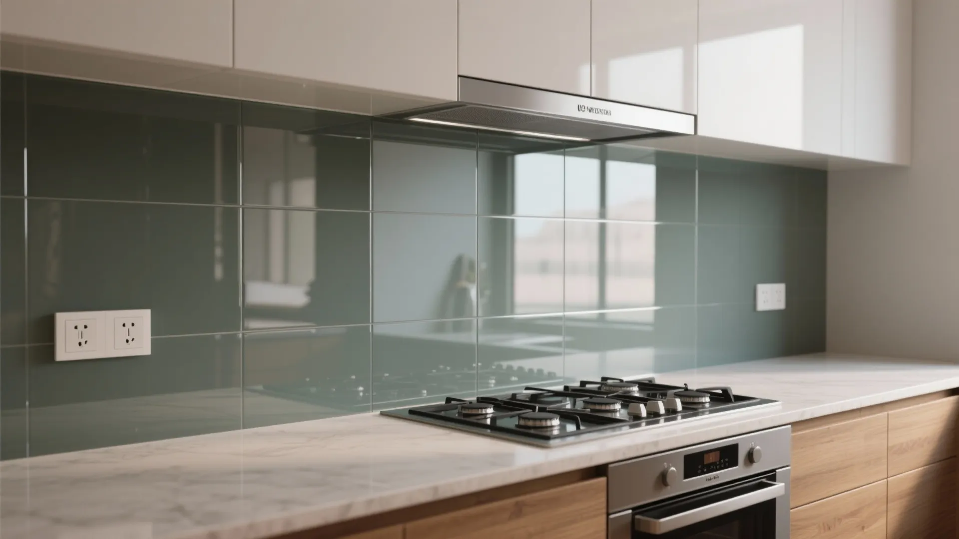 Glass backsplashes for light and depth in compact cook zones
