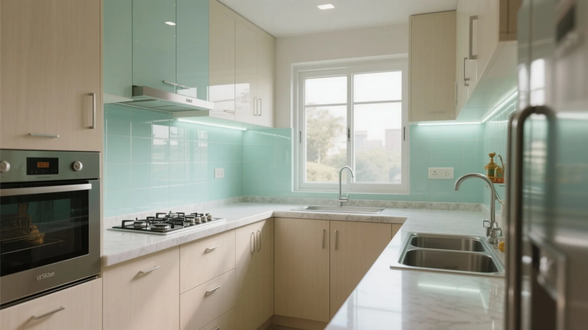 Glass Backsplash and Light Play in Compact Kitchens