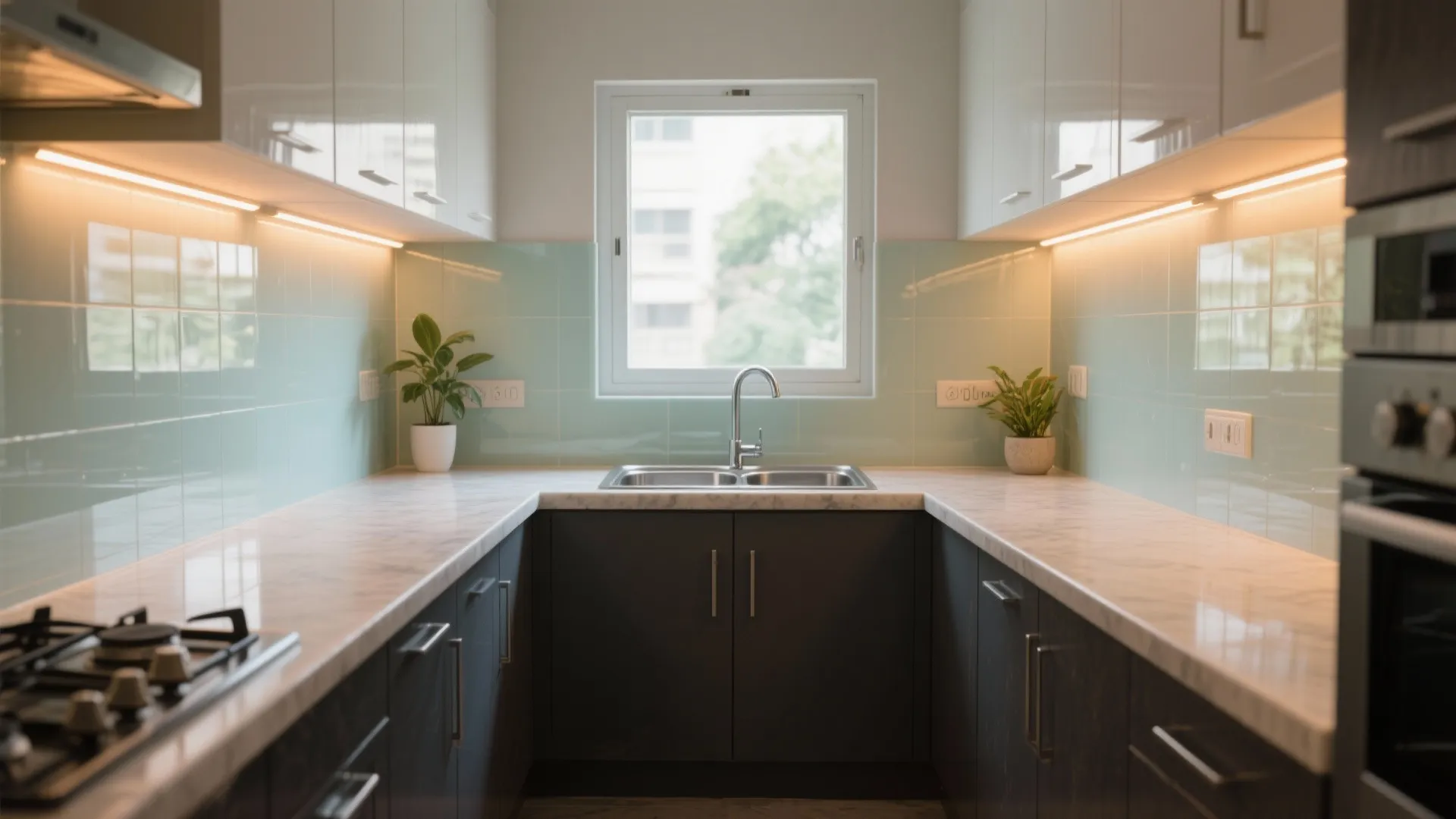 Symmetry kitchen design with green wall tiles, marble countertop, silver sink, and a bright window