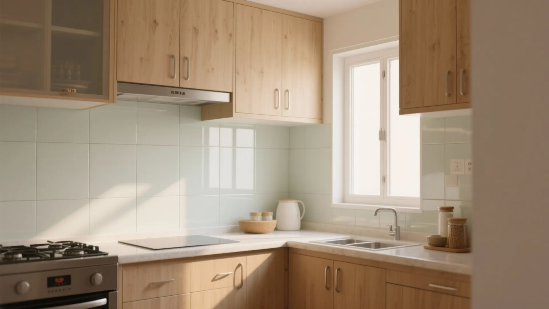 Wooden kitchen cabinets with white countertop, light green wall tiles, sink, stove, and bright window