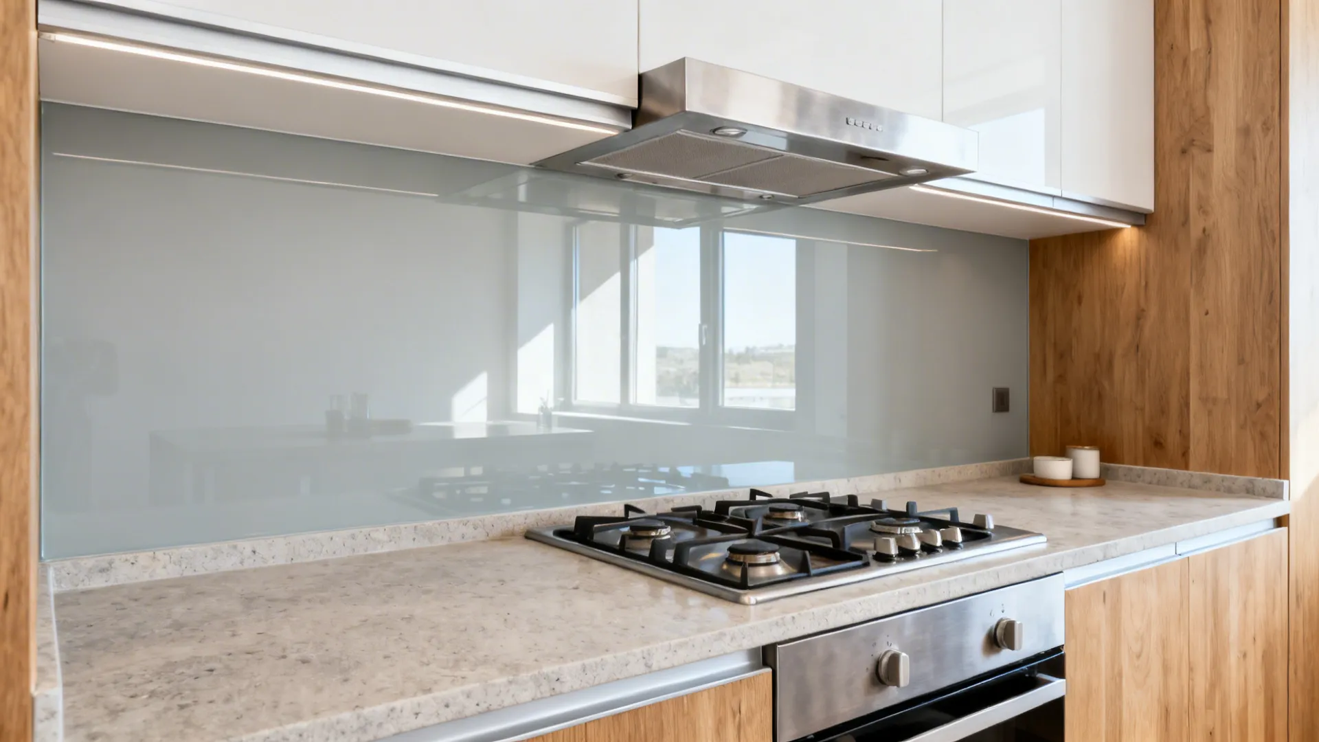 Pale gray tempered glass backsplash behind a gas stove reflecting soft daylight in a compact kitchen.