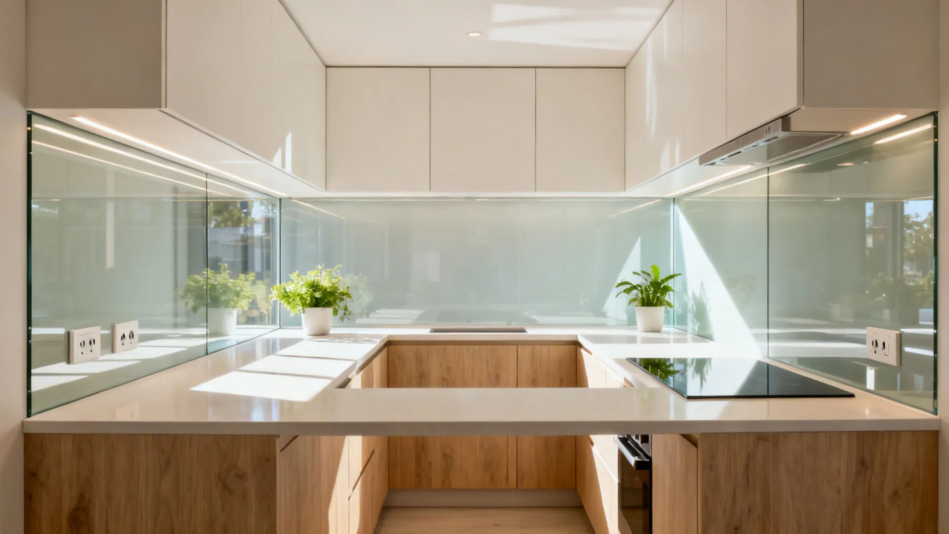 Small modern kitchen with a reflective glass backsplash and shallow uppers enhancing depth.