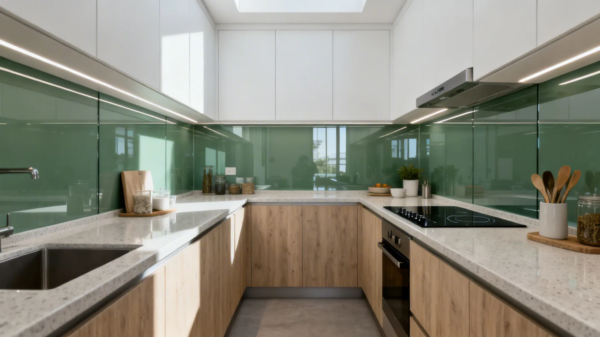 Compact galley kitchen with gray-green tempered glass backsplash reflecting light.
