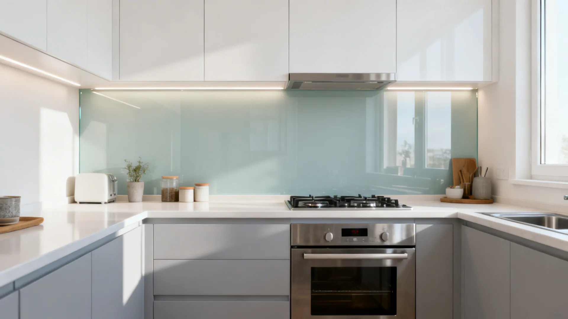 Small modern kitchen with a seamless low-iron glass backsplash reflecting soft light.