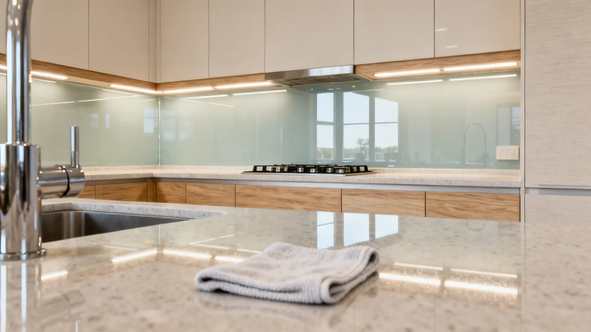 Modern kitchen featuring light green glass wall panel white cabinets wood trim and shelf lighting
