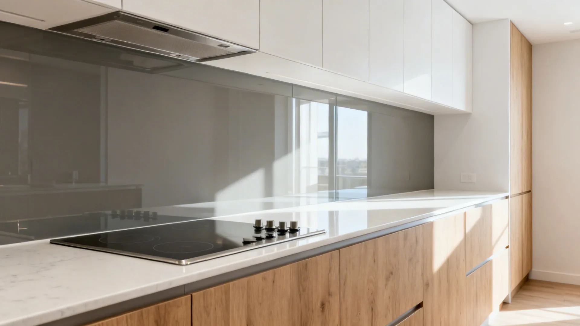 L-shaped kitchen with warm gray low-iron glass backsplash reflecting daylight for a brighter prep zone.