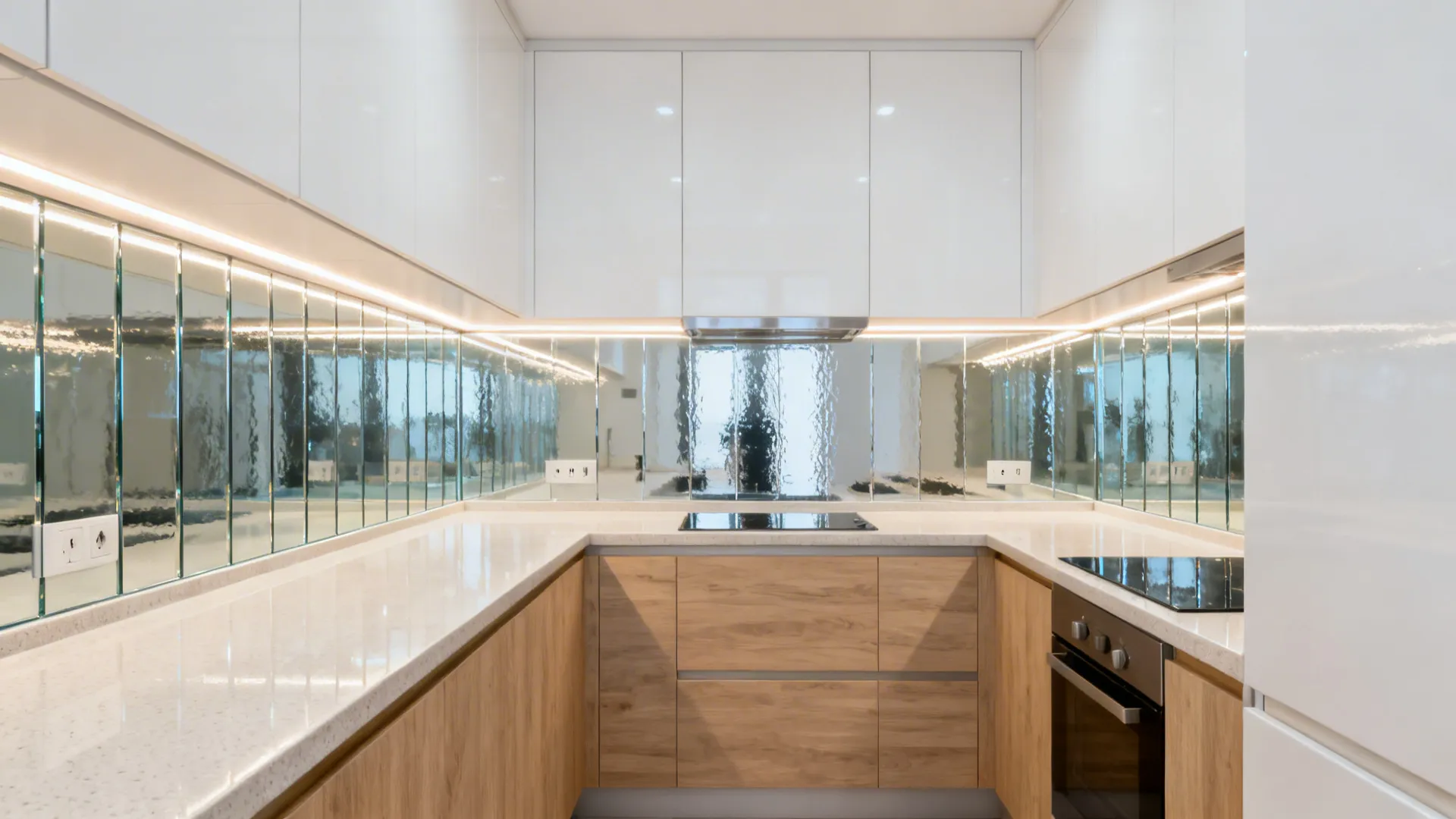 L-shaped kitchen with a low-iron back-painted glass backsplash reflecting under-cabinet LEDs.