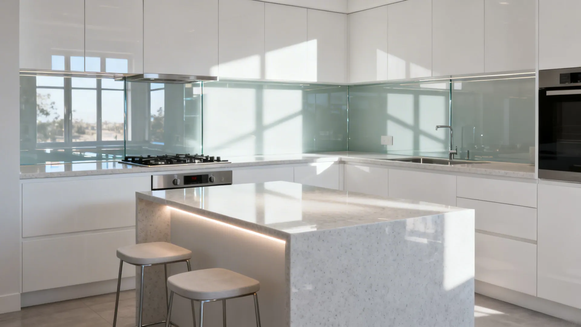 L-shaped kitchen with a low-iron glass backsplash reflecting daylight and brightening the prep area.