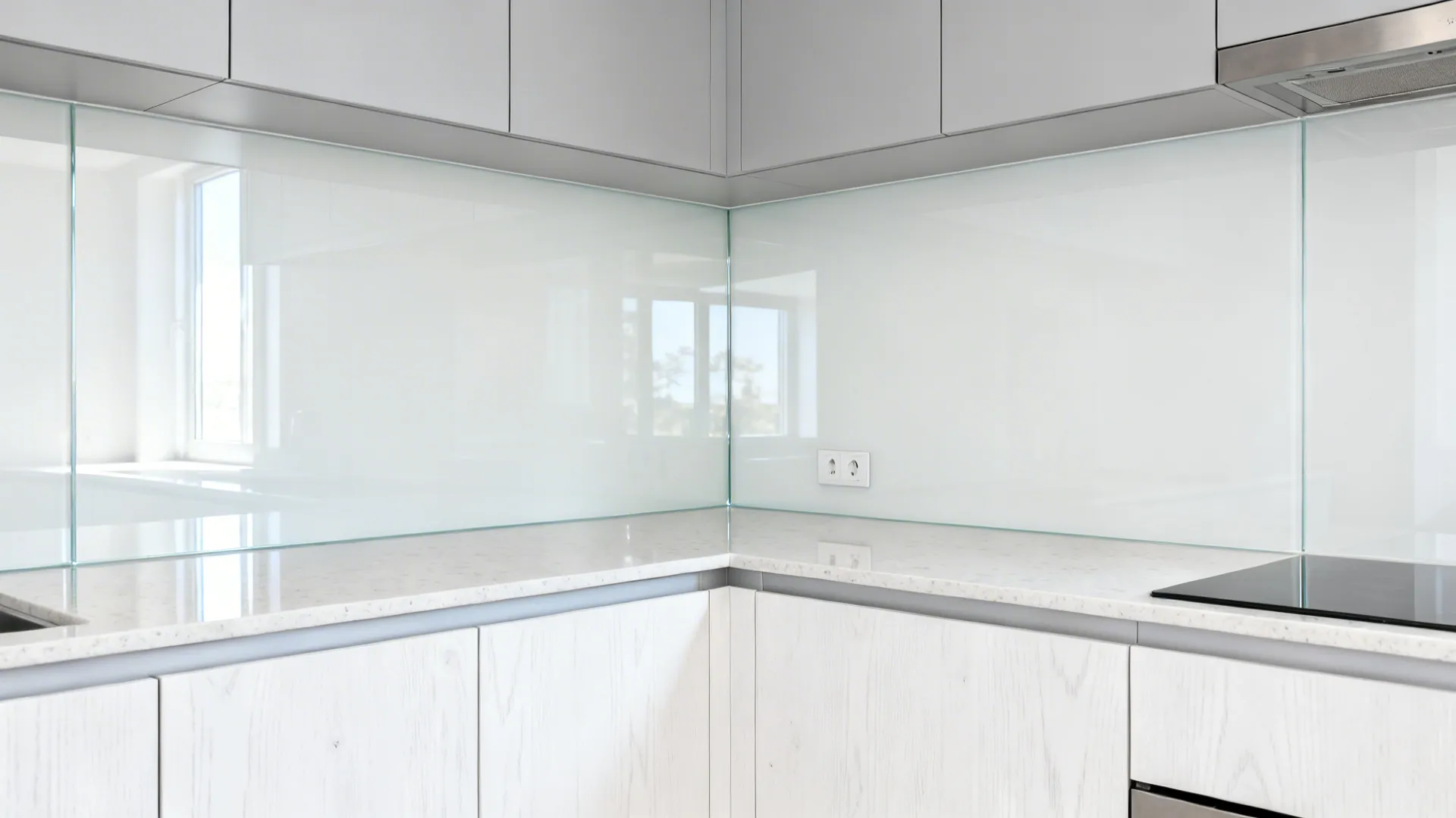 L-shaped kitchen with low-iron glass backsplash reflecting soft daylight for an airy feel.