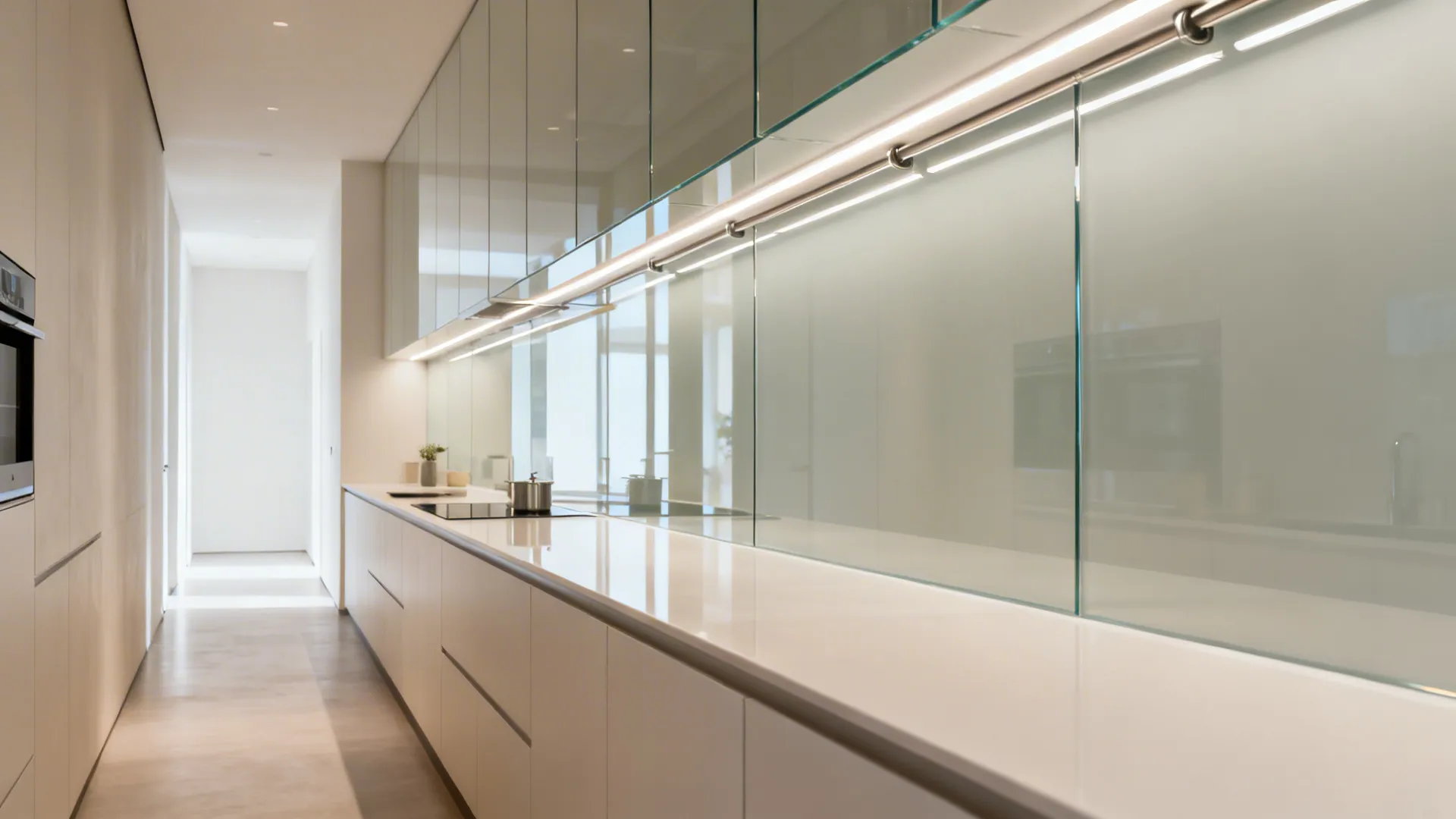 Low-iron back-painted glass backsplash with continuous LED strips brightening a straight line kitchen.