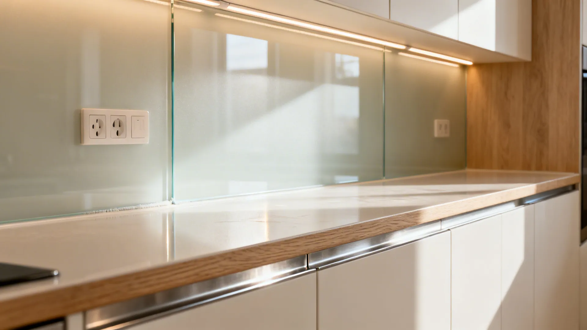 Close-up of low-iron glass backsplash with warm under-cabinet LEDs and clean seams.