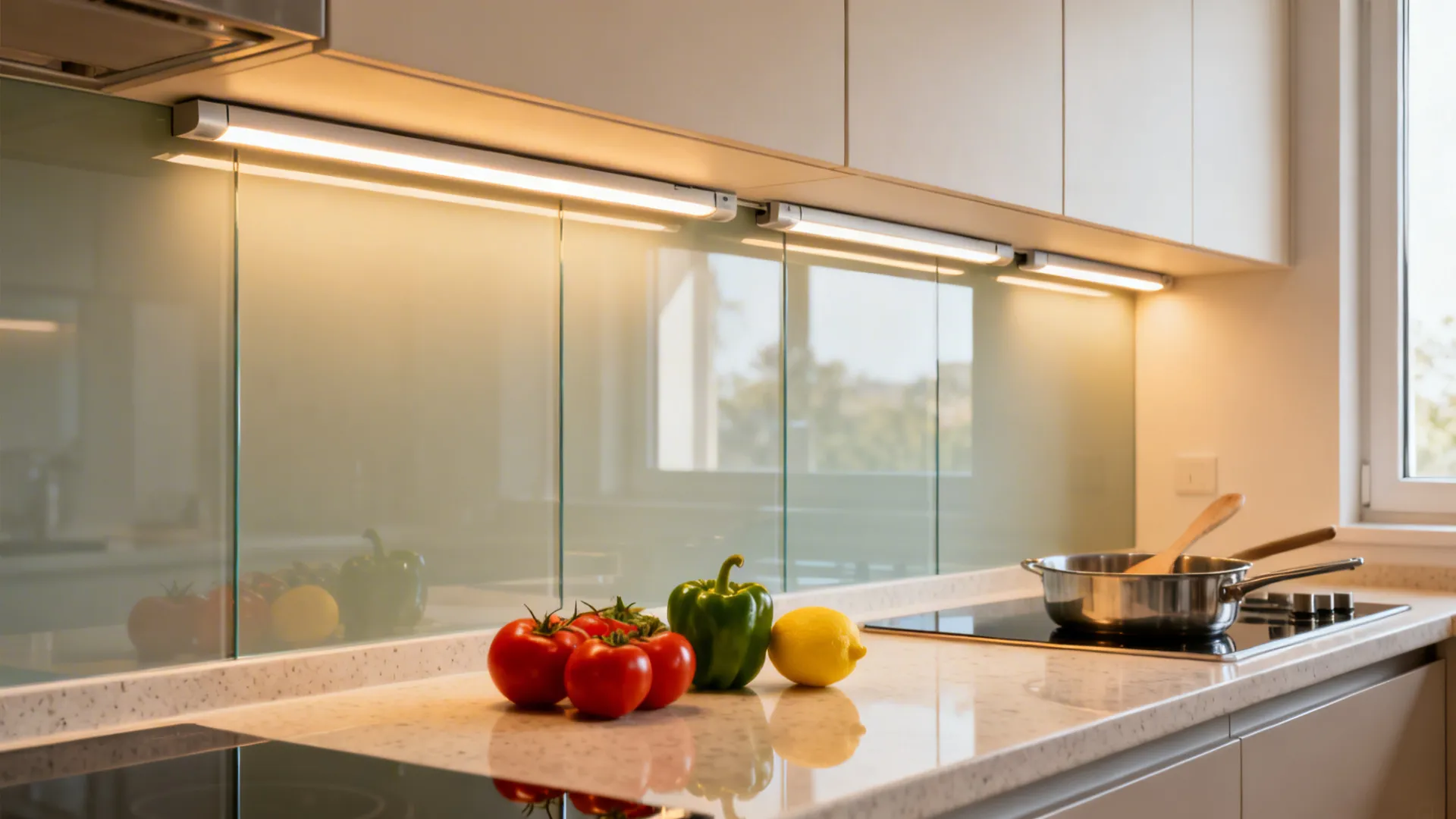 Back-painted glass backsplash with warm under-cabinet LEDs in a compact kitchen.